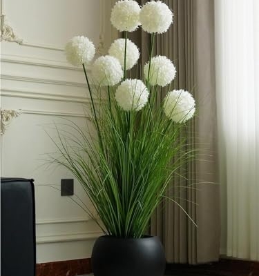 Product: Light Luxury Artificial Hydrangea in Beige Pot, Large Lifelike Silk Potted Plant for Bedroom & Dining Décor