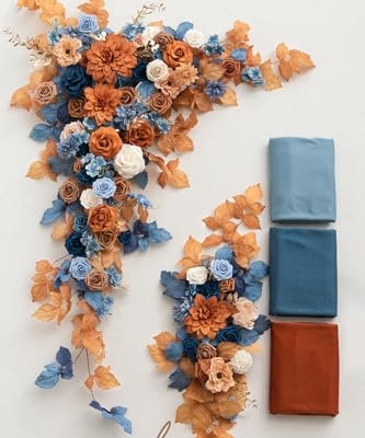 Product: Ling's Moment Fall Wedding Arch Flowers with Sheer Drapes Kit - Artificial Orange and Navy Blue Floral Arrangements for Ceremony Backdrop, Arbor Decor, 5-Piece Set (2 Flower Stems + 3 Hanging Drapes)