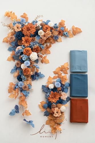 Product: Ling's Moment Fall Wedding Arch Flowers with Sheer Drapes Kit - Artificial Orange and Navy Blue Floral Arrangements for Ceremony Backdrop, Arbor Decor, 5-Piece Set (2 Flower Stems + 3 Hanging Drapes)