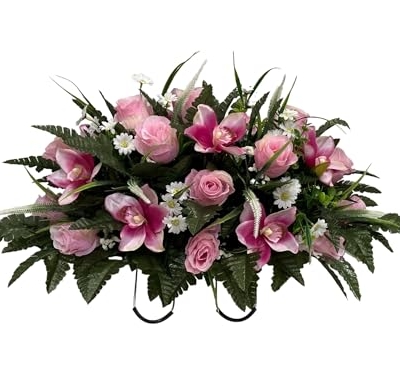 Product: Jucgghk Vivid and Realistic Floral Art Rose and Orchid Cemetery Saddle,Spring Cemetery Flowers ,Headstone Flowers for Cemetery Outdoor Memorial Day