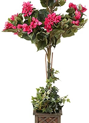Silky Flower Store Artificial Bougainvillea Topiary in Wood Box, Faux Floral Arrangement, Rustic Country Pot, 34in. 8 8 Product: Nearly Natural 34in. Artificial Bougainvillea Topiary with Wood Box