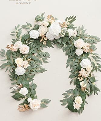 Product: Ling's Moment Flower Garland - 6FT Eucalyptus & Rose - Sweetheart Table Decor for Wedding Reception, Artificial Silk Floral Garland for Mantle, Spring, Garden Christmas Decoration, White Beige
