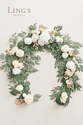 Product: Ling's Moment Flower Garland - 6FT Eucalyptus & Rose - Sweetheart Table Decor for Wedding Reception, Artificial Silk Floral Garland for Mantle, Spring, Garden Christmas Decoration, White Beige