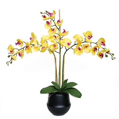 Product: Faux Yellow Orchid Flower, Artificial Phalaenopsis in Vase, Elegant Romantic Flower for Decorating Home, Office, Dinning Room, Bedroom Or Hotel Table Centerpiece Office Wedding Party Decoration