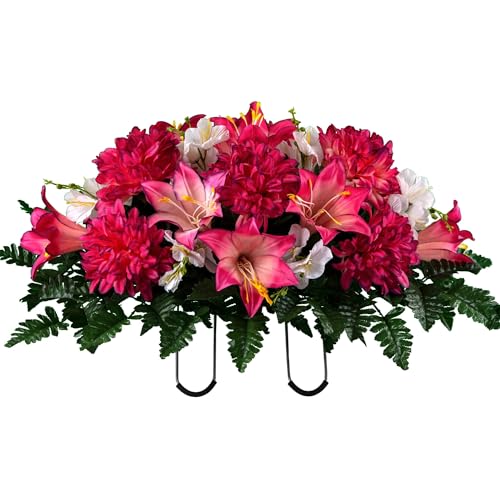 Product: Jucgghk Vivid and Realistic Floral Art Pink Easter Lily and Dahlia Mix Cemetery Saddle, Easter Saddle for Cemetery Headstone