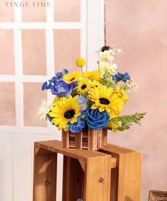 Product: TINGE TIME Wedding Centerpiece Flower with Basket, Set of 2 Large Artificial Flowers Floral Arrangement for Tabletop Mantel Archway Aisle (Sunflower & RoyalBlue)