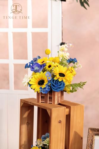 Product: TINGE TIME Wedding Centerpiece Flower with Basket, Set of 2 Large Artificial Flowers Floral Arrangement for Tabletop Mantel Archway Aisle (Sunflower & RoyalBlue)
