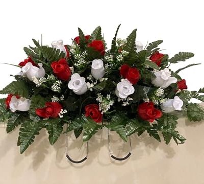 Product: Jucgghk Vivid and Realistic Floral Art Red and White Roses Cemetery Saddle,Winter Cemetery Arrangement,Valentines Day Cemetery Headstone Saddle for Grave