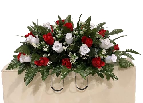 Product: Jucgghk Vivid and Realistic Floral Art Red and White Roses Cemetery Saddle,Winter Cemetery Arrangement,Valentines Day Cemetery Headstone Saddle for Grave