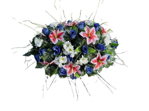 Product: Jucgghk Vivid and Realistic Floral Art Dark Blue Artificial Headstone Cemetery Saddle, 22-24” Cemetery Flower Arrangement,Headstone Flower for Outdoor Grave Decorations