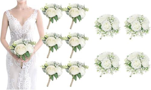 Silky Flower Store Artificial Bridesmaid Bouquet, Wedding Floral Centerpiece, Roses Hydrangea Eucalyptus, Rustic Hemp Rope, 10 Pcs 32.5cm 5 5 Product: Beautiful Flower Gentle Bridesmaid Bouquet, 10Pcs Artificial Floral Centerpiece for Wedding Bouquets, Ceremonies and Anniversary Proposals Used for Home Decoration, Weddings