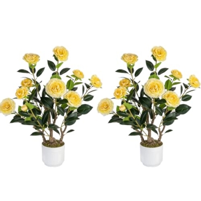 Product: Jcezvnt 2 Pack Artificial Camellia Tree with White Pot, 24" Faux Potted Plants for Indoor Outdoor Decor, Tall Silk Greenery Plant for Home Office Living Room Balcony, Yellow