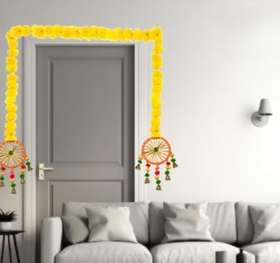 Product: MANTRAMART Artificial Marigold Flower Garlands with Pom Pom and Bell – Pack of 4 – Hanging Floral Decoration for Home, Festival, Diwali, Wedding, Pooja & Event Use