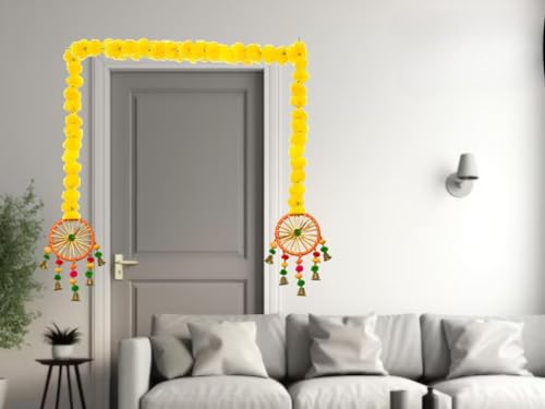 Product: MANTRAMART Artificial Marigold Flower Garlands with Pom Pom and Bell – Pack of 4 – Hanging Floral Decoration for Home, Festival, Diwali, Wedding, Pooja & Event Use