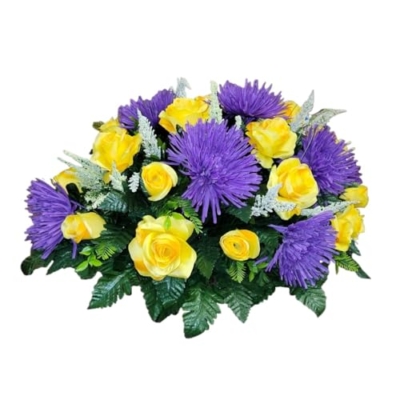 Product: Purple Mums Headstone Saddle, Yellow Roses Silk Grave Flowers for Funeral or Cemetery Memorial Decoration Garland for Table Centerpiece Holiday Party Weddi