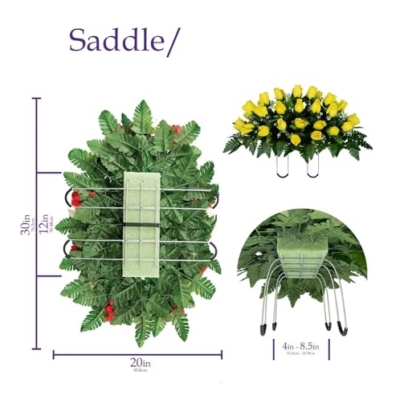 Product: Jucgghk Vivid and Realistic Floral Art Yellow Rose Bud Cemetery Saddle and Flower Arrangement Set, Artificial 1 Saddle and 2 Bouquets for Grave Tombstone Decorations(NO VASE)