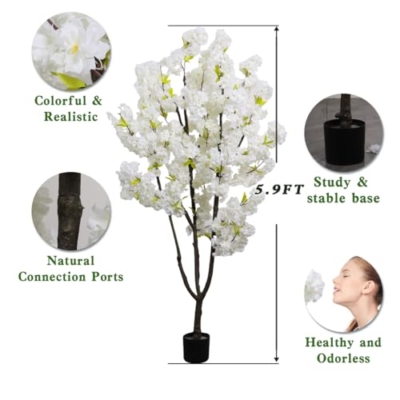 Product: White Faux Cherry Blossom Tree Artificial Tree Decor 5.9 FT Tall Cherry Blossom Tree Indoor for Home Decor Gift for Women Birthday Wedding Decoration