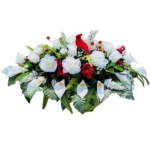 Product: Cream Calla Lilies Headstone Saddle, Roses Red Berries Grave Flowers for Cardinal Funeral or Cemetery Decoration Garland for Table Centerpiece Holiday Party Weddi