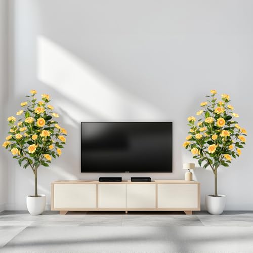 Product: Hylmiip Artificial Camellia Tree 2 Pack, Artificial Plants Outdoor Faux Floral Plant in Cement Pot Fake Silk Camellia Tree Plants for Home House Living Room Office Decor (Yellow, 4 FT)