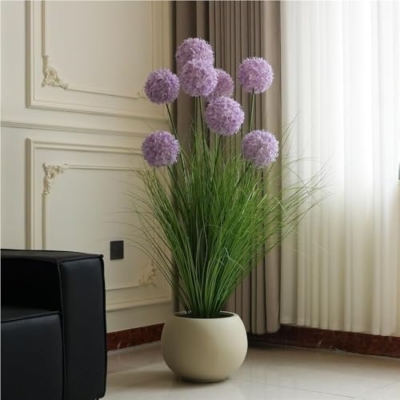 Product: Artificial Hydrangea in Beige Flower Pot, Realistic Silk Potted Plant for Home, Office & Hotel Décor (White)(Purple)