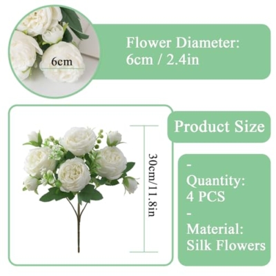 Product: huiyonglan 4 Bunches Peony Artificial Flowers, Artificial Peony Silk Flowers, Fake Flower, White Flower Silk Peonies Bouquets for Wedding Party Table Centerpieces Floral Arrangement Home Decor