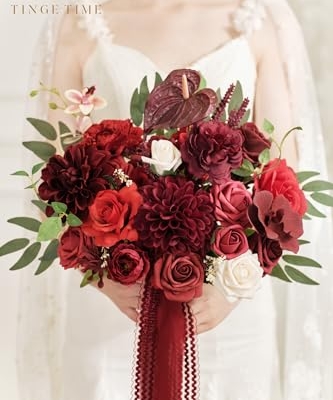 Silky Flower Store Burgundy Artificial Wedding Bouquet, Bride Bridal Bouquet, Faux Flowers, Romantic Vintage Ceremony Decor, 11 Inch 16 16 Product: TINGE TIME 11 Inch Wedding Bouquets for Bride, Burgundy Artificial Flowers Bouquet, Brides & Bridesmaids Bouquet Tossing Bouquet for Wedding Anniversary Ceremony Bridal Shower Decorations