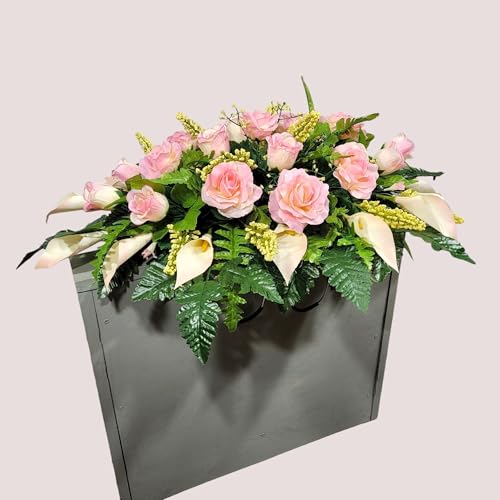 Silky Flower Store Cream Pink Calla Lilies Headstone Saddle, Roses Silk Grave Flowers Garland, 30 x 22 x 10 in 2 2 Product: Cream Pink Calla Lilies Headstone Saddle, Roses Silk Grave Flowers for Perfect Funeral or Cemetery Decoration Garland for Table Centerpiece Holiday Party Weddi