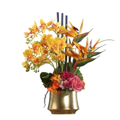 Product: Artificial Orchid Flower Arrangement with Vase – Real Touch Latex Geel Flowers in Gold Ceramic Pot, 55cm