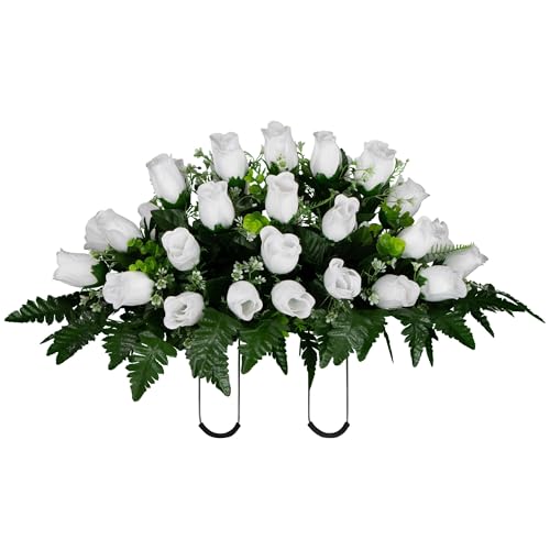 Product: Jucgghk Vivid and Realistic Floral Art White Rose Bud Cemetery Saddle and Flower Arrangement Set,Artificial Easter Cemetery Flowers, 1 Saddle and 2 Bouquets for Grave