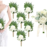 Product: Bride Bouquets & Bridesmaid Bouquets Set of 6 for Wedding Ivory White Rose Small Floral Greenery Bouquet for Wedding Bridal Shower Centerpiece Ceremony and Anniversary
