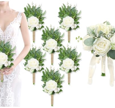 Product: Bride Bouquets & Bridesmaid Bouquets Set of 6 for Wedding Ivory White Rose Small Floral Greenery Bouquet for Wedding Bridal Shower Centerpiece Ceremony and Anniversary