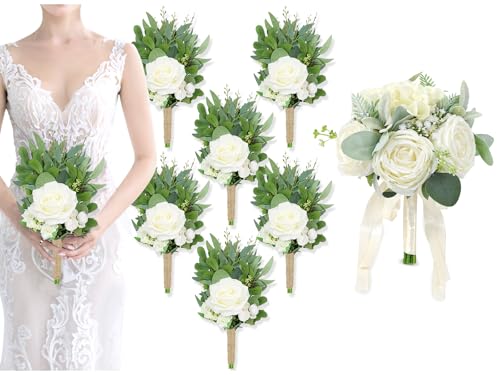Product: Bride Bouquets & Bridesmaid Bouquets Set of 6 for Wedding Ivory White Rose Small Floral Greenery Bouquet for Wedding Bridal Shower Centerpiece Ceremony and Anniversary