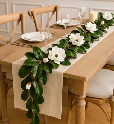 Product: Serene Spaces Living Artificial Magnolia Leaf Garland and Wreath, Ideal to Hang at Wedding, Store Display, Window Sill, Fall Decor, Holiday Décor (72" Magnolia Garland with White Blooms - 2pcs)