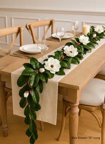 Product: Serene Spaces Living Artificial Magnolia Leaf Garland and Wreath, Ideal to Hang at Wedding, Store Display, Window Sill, Fall Decor, Holiday Décor (72" Magnolia Garland with White Blooms - 2pcs)