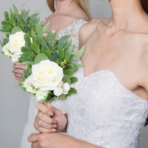 Product: Bride Bouquets & Bridesmaid Bouquets Set of 6 for Wedding Ivory White Rose Small Floral Greenery Bouquet for Wedding Bridal Shower Centerpiece Ceremony and Anniversary