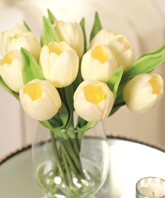 Product: WELL KNOWN 12 Pcs Tulips Artificial Flowers in Vase, Real Touch Tulips with Vase with Upgrate Acrylic Water Flower Arrangements Centerpiece for Dining Room Table Decoration（Cream）