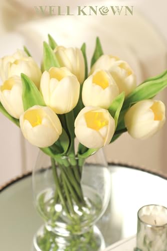 Product: WELL KNOWN 12 Pcs Tulips Artificial Flowers in Vase, Real Touch Tulips with Vase with Upgrate Acrylic Water Flower Arrangements Centerpiece for Dining Room Table Decoration（Cream）