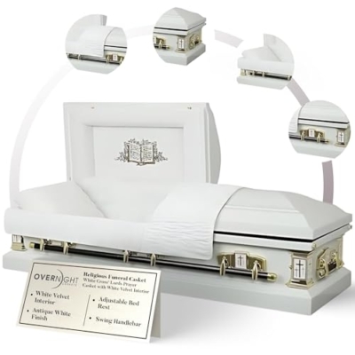 Product: Overnight Caskets White Cross Lords Prayer Metal Funeral Casket w/White Velvet Interior - 18 Gauge Steel - Fully Appointed Adult Casket - Coffin Featuring Velvet Interior Lining w/Pillow & Throw Set