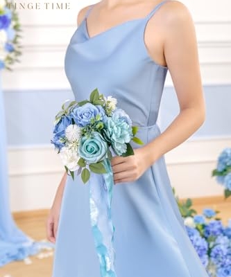 Product: TINGE TIME 7 Inch Artificial Flowers Wedding Bouquets for Bridesmaid, Set of 4, Provence Blue Bride Tossing Bouquet for Summer Wedding Ceremony Bridal Shower Rehearsal Dinner Vintage Party