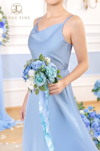 Product: TINGE TIME 7 Inch Artificial Flowers Wedding Bouquets for Bridesmaid, Set of 4, Provence Blue Bride Tossing Bouquet for Summer Wedding Ceremony Bridal Shower Rehearsal Dinner Vintage Party