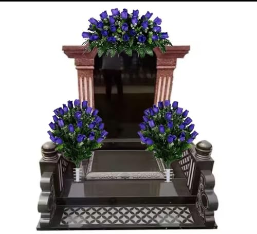 Product: Jucgghk Vivid and Realistic Floral Art Purple Rose Bud Cemetery Saddle and Flower Arrangement Set, 1 Saddle and 2 Bouquets for Grave Tombstone Decorations(NO VASE)