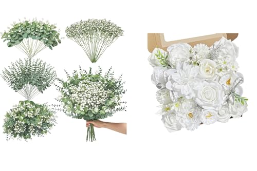 Serwalin 100 Pcs Mixed Artificial Eucalyptus Stems & White Flowers Artificial for Wedding DIY Bouquets Floral Arrangement Home Decor - Artificial Flower Arrangements Product: Serwalin 100 Pcs Mixed Artificial Eucalyptus Stems & White Flowers Artificial for Wedding DIY Bouquets Floral Arrangement Home Decor