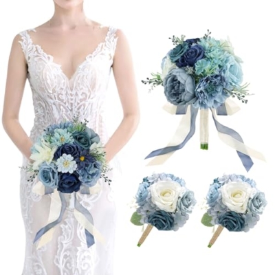 Product: Dusty Blue Bride Bouquet & Bridesmaid Bouquets Set of 2 for Wedding Artificial Roses Flowers Wedding Flowers Bouquets for Bride Bridesmaids Marriage Proposal Party Church Decoration