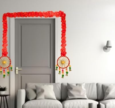Product: MANTRAMART Artificial Marigold Flower Garland with Pom Pom & Bell – Pack of 4 – Hanging Decoration for Home, Diwali, Wedding, Pooja, Festival & Event Decor
