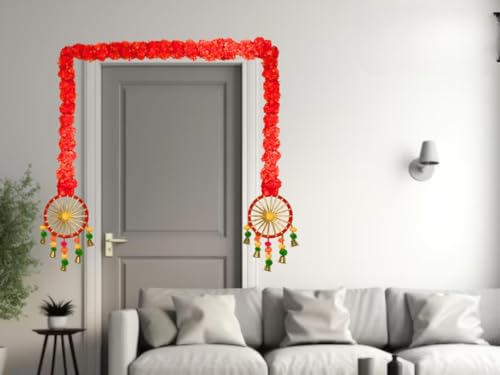 Product: MANTRAMART Artificial Marigold Flower Garland with Pom Pom & Bell – Pack of 4 – Hanging Decoration for Home, Diwali, Wedding, Pooja, Festival & Event Decor