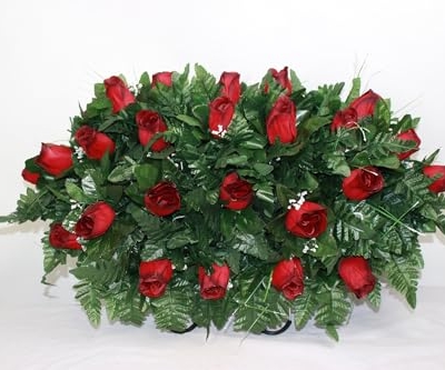 Product: Hshan Christmas Red Closed Roses Cemetery Flower Saddle Arrangement, Elegant Silk Artificial Flowers for Gravesite Cemetery Headstone Grave Decorations