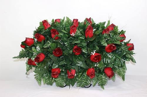 Product: Hshan Christmas Red Closed Roses Cemetery Flower Saddle Arrangement, Elegant Silk Artificial Flowers for Gravesite Cemetery Headstone Grave Decorations