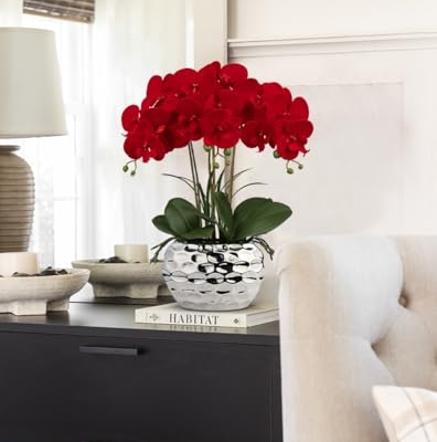 Product: Briful Red Orchid Artificial Flowers 18" Large Silk Orchid with Silver Ceramic Pots Fake Orchid Arrangement for Home Office Bathroom Living Room Table Decoration
