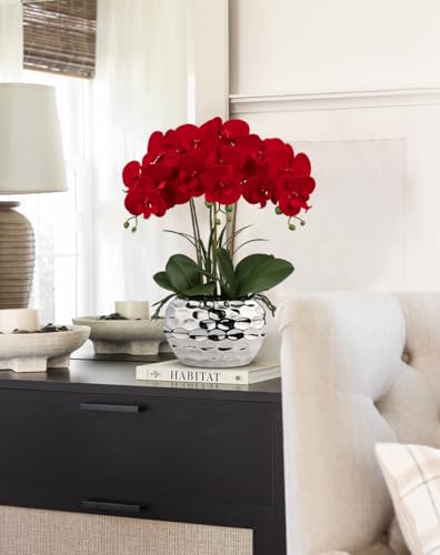 Product: Briful Red Orchid Artificial Flowers 18" Large Silk Orchid with Silver Ceramic Pots Fake Orchid Arrangement for Home Office Bathroom Living Room Table Decoration