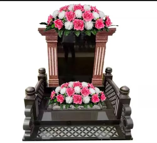 Silky Flower Store Cemetery Saddle Floral Grave Arrangement Pink Open Rose White Mum, Artificial Memorial Tombstone Flowers, 30x21x10in 4 4 Product: Jucgghk Vivid and Realistic Floral Art Beauty Pink Open Rose and White Mum Cemetery Saddle,Mothers Day Headstone Saddle,Cemetery Flower Arrangement for Grave